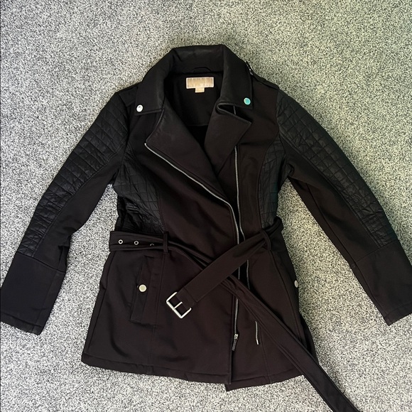 Michael Kors Black Belted Jacket with Quilted Sleeves - Picture 1 of 5